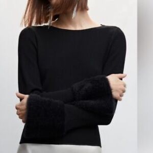 Mango Black Ribbed Knit Top with Faux Fur Cuffs Size S